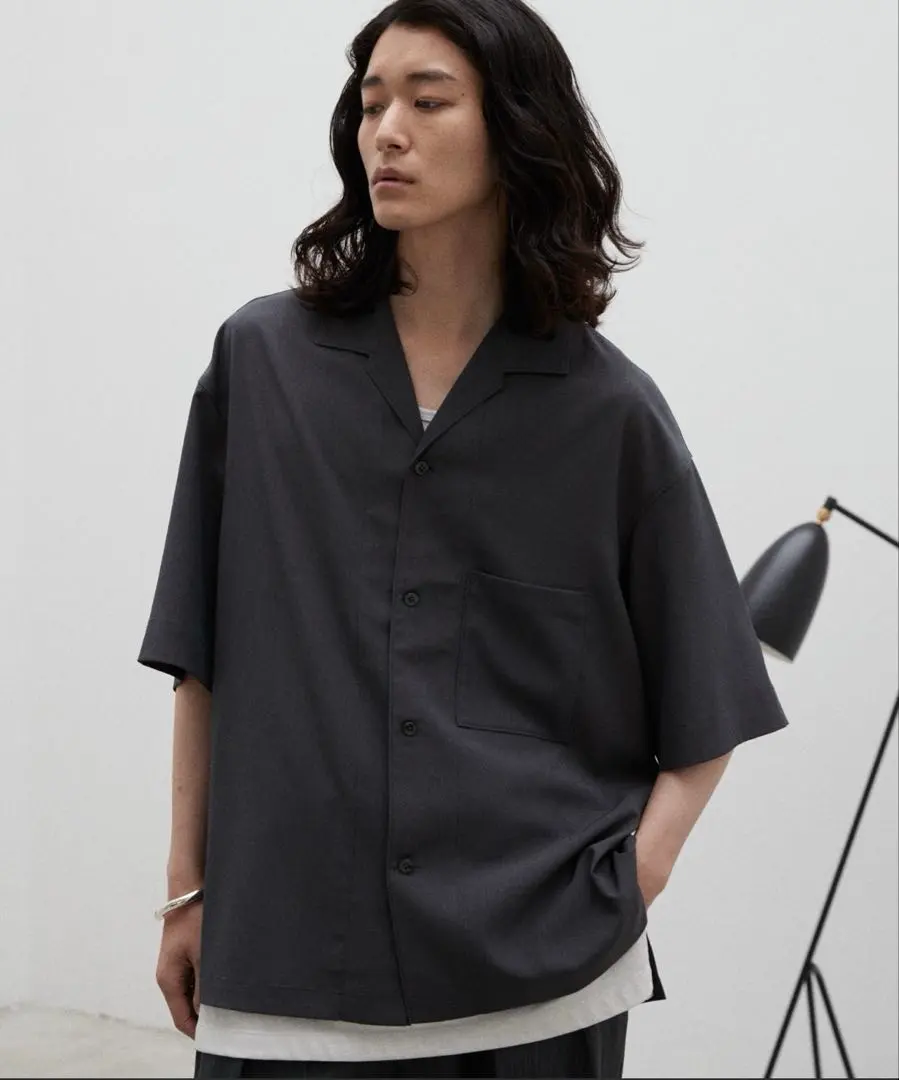 Thumbnail of WYM LIDNM Amunzen Drape Open Collar Shirt - Charcoal