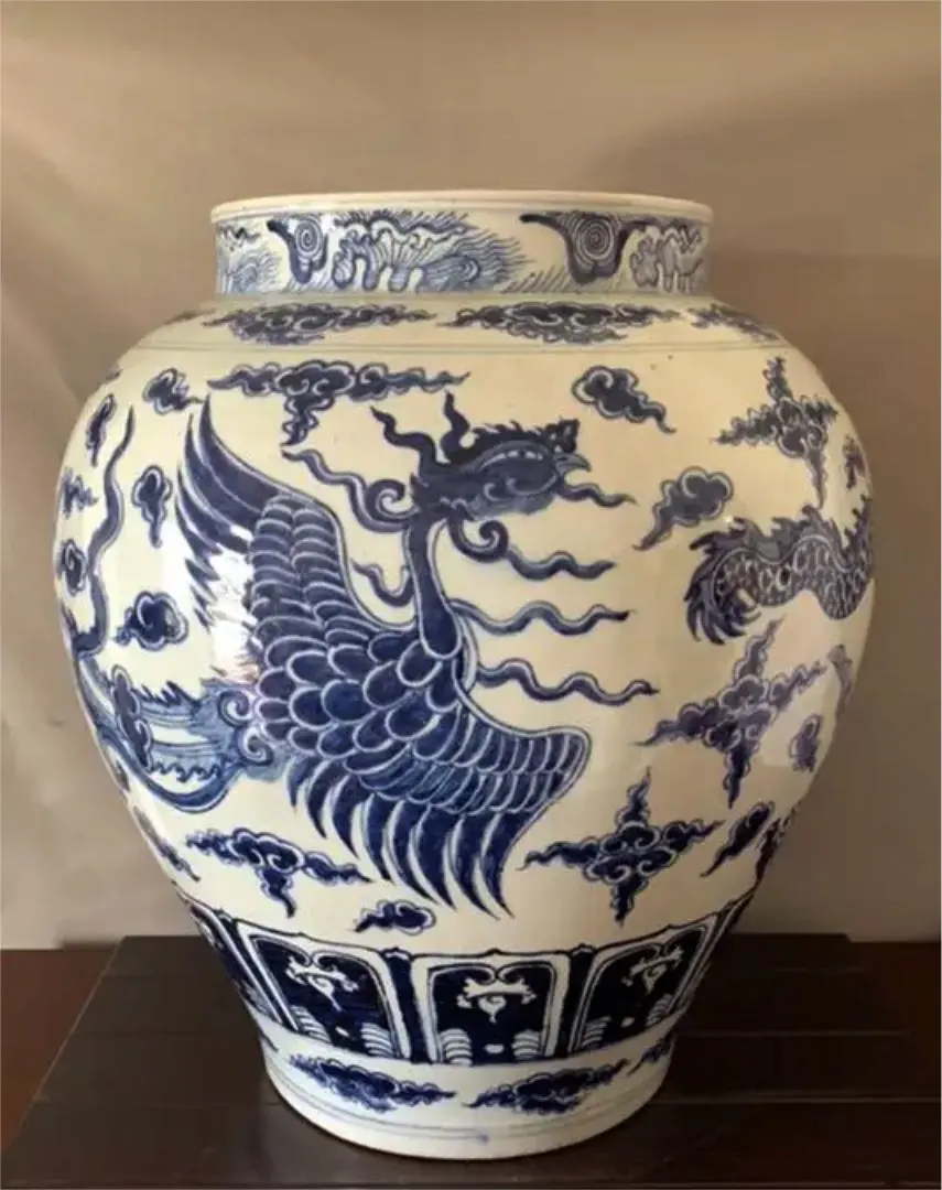 【民藝】明朝 壺 【龍紋】ヘタウマ【民芸】 亀】景徳鎮 14世紀 双龍唐草牡丹紋之図 青花龍濤