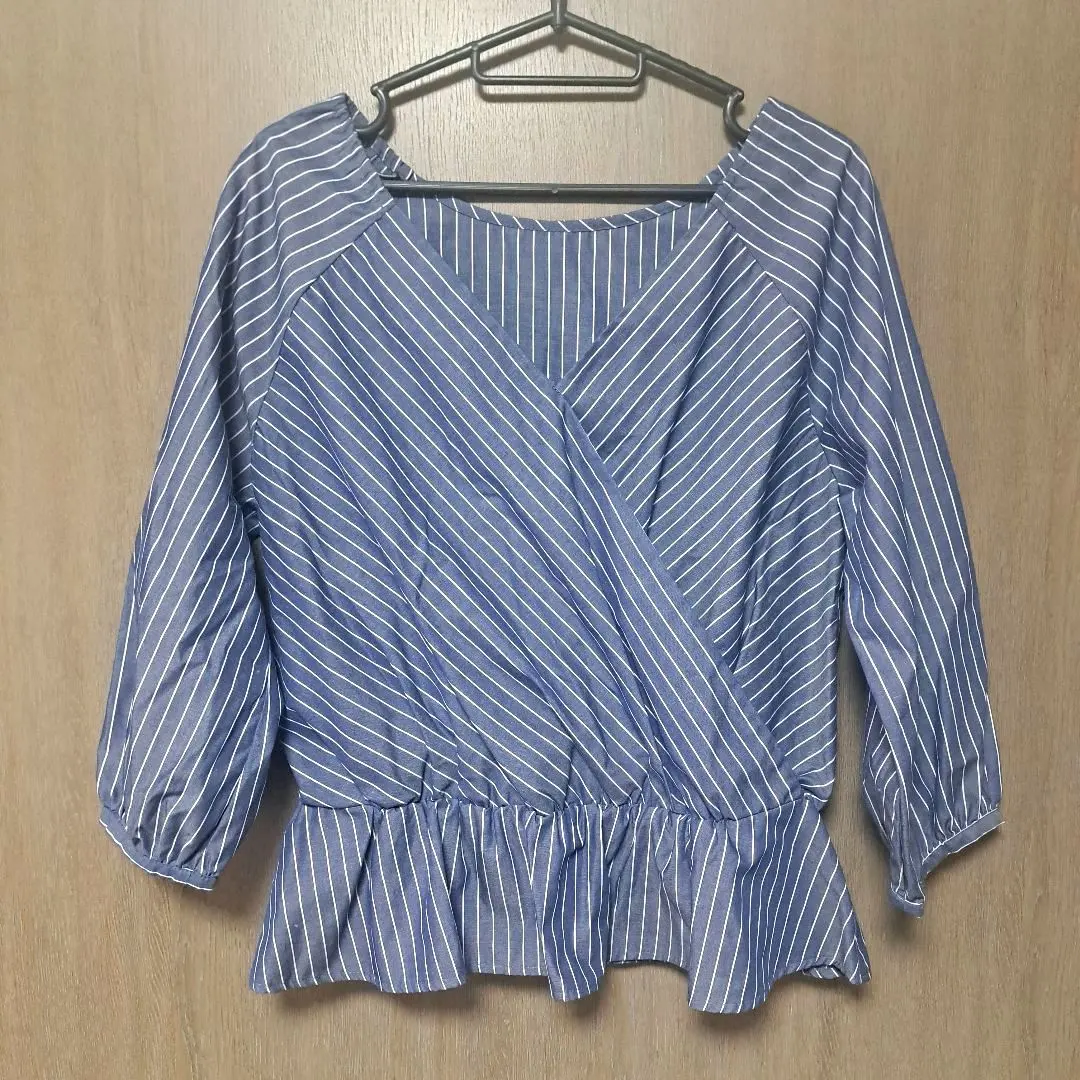 Thumbnail of WORLD Blue and White Striped Wrap Shirt Long Sleeve