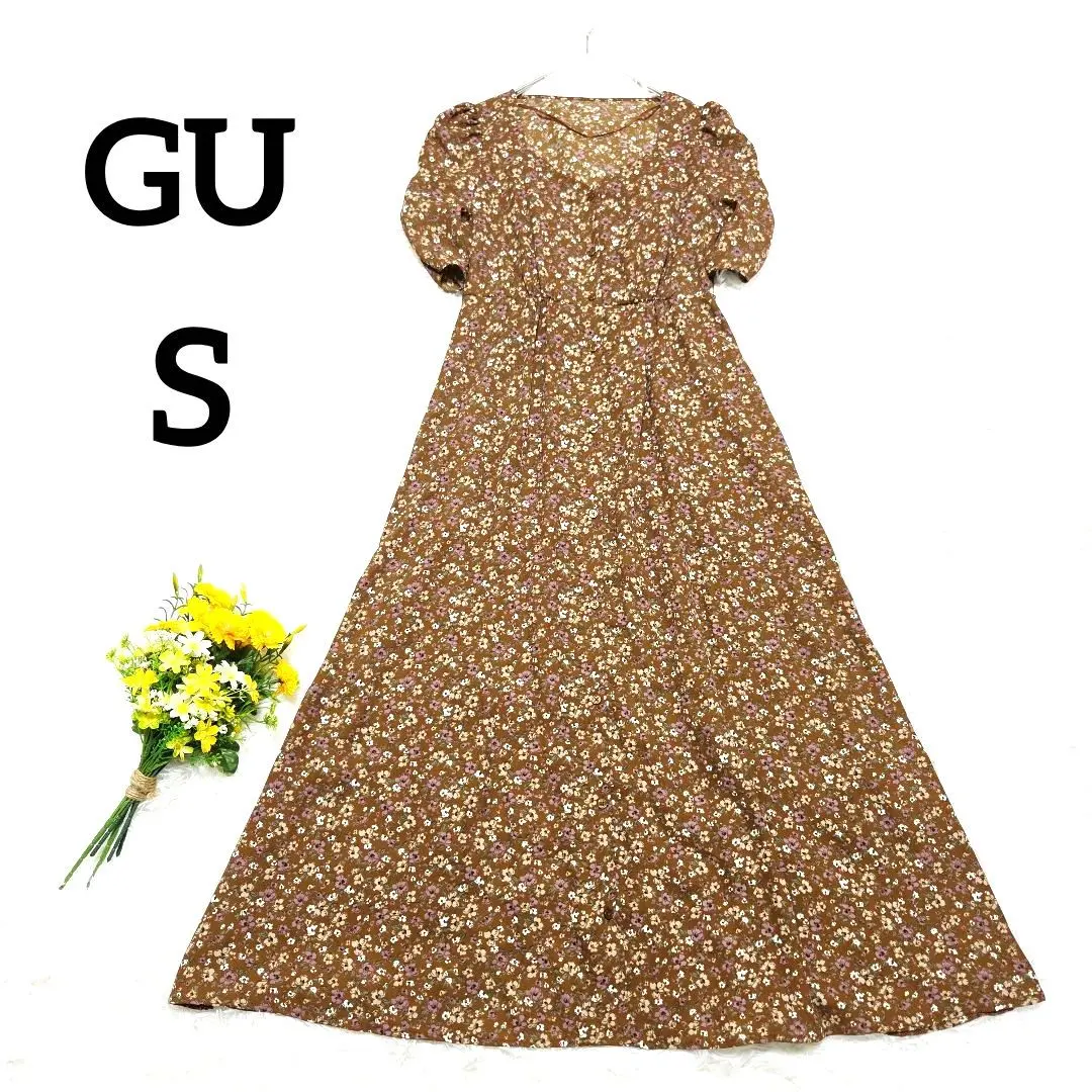 Thumbnail of GU Floral Dress S Brown Short Sleeve Maxi Length Flare Silhouette