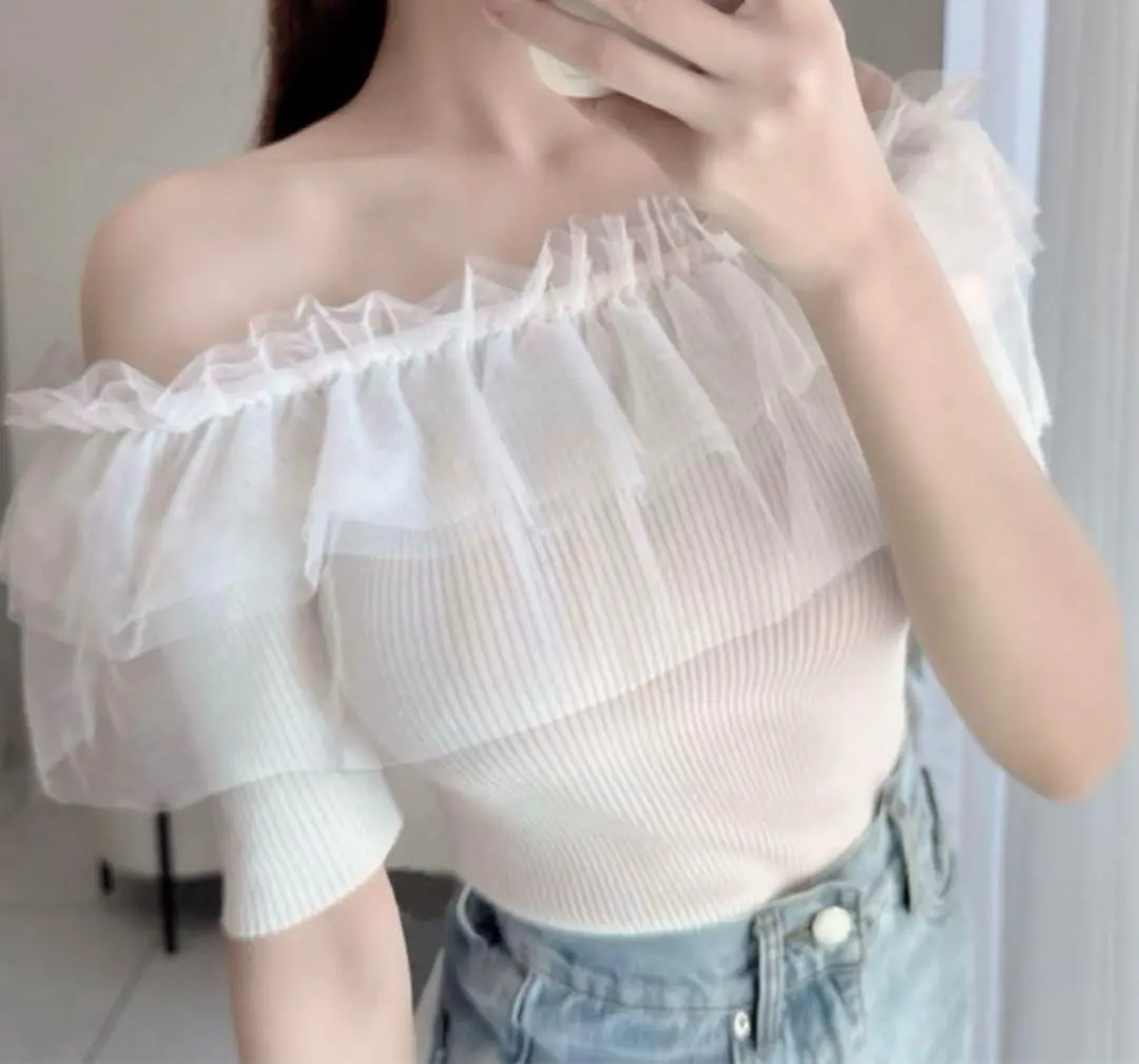 Thumbnail of Off-shoulder tulle frill knit top an1529 GRL