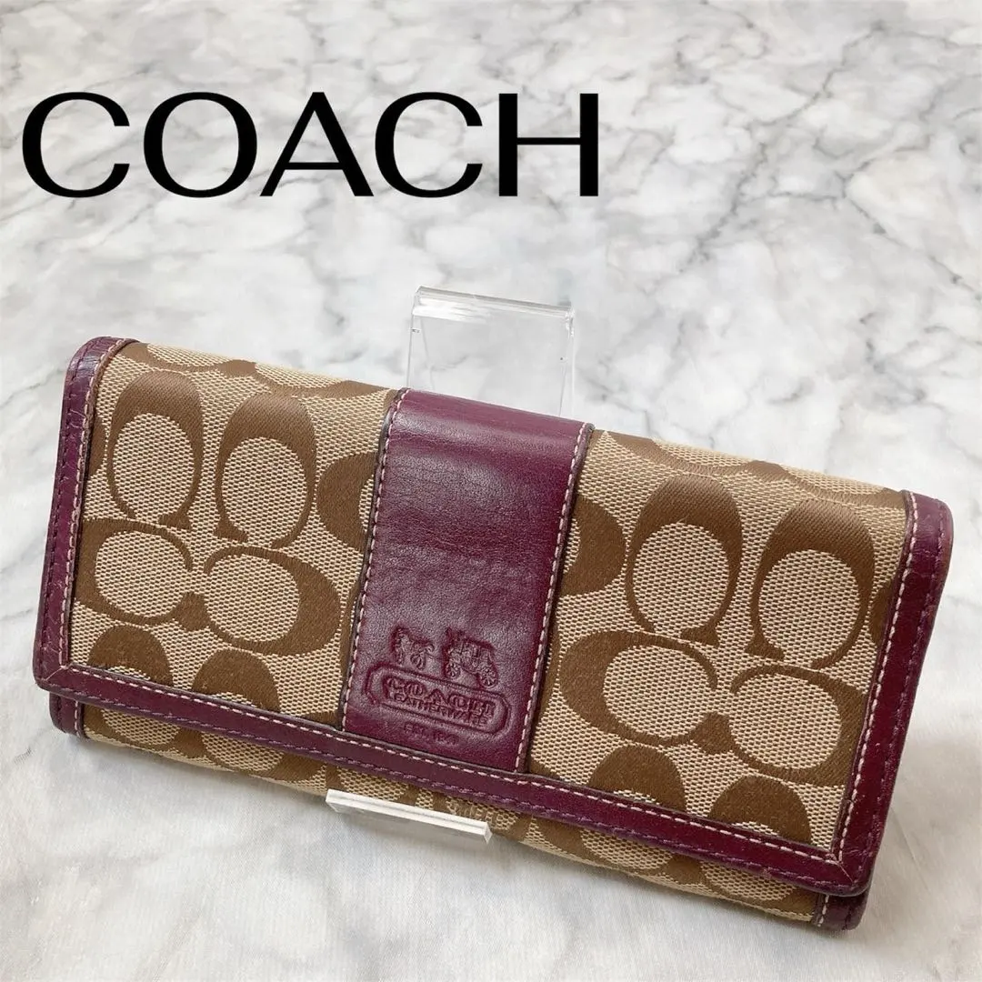 Thumbnail of COACH Signature Bi-fold Long Wallet Beige Purple Carriage