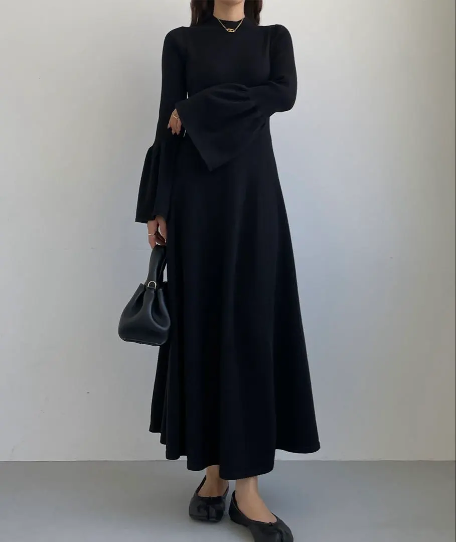 Thumbnail of New ✨ L'eclair Bell Sleeve Flare Knit Dress Black