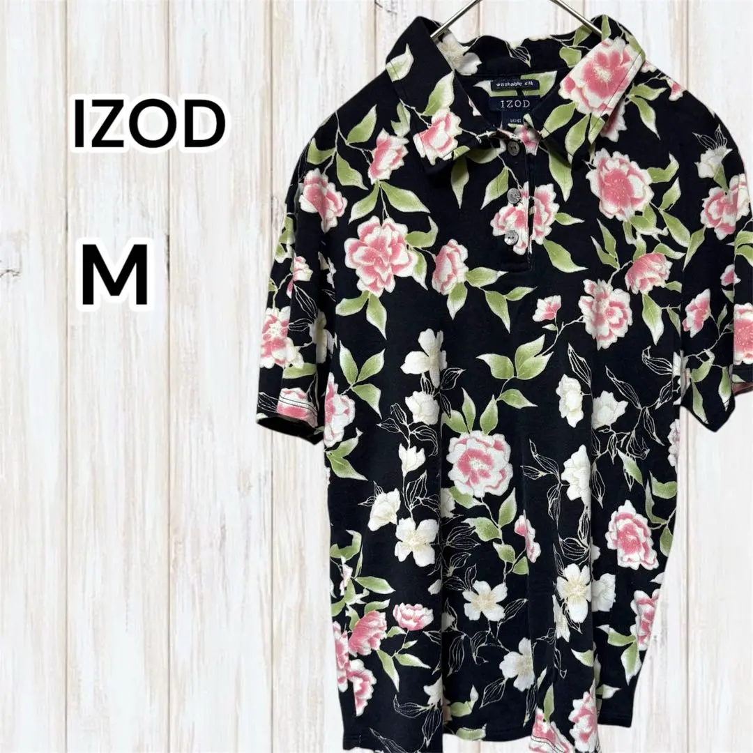 Thumbnail of ☆IZOD Polo Shirt Floral Silk Cotton Women's Short Sleeve M Black