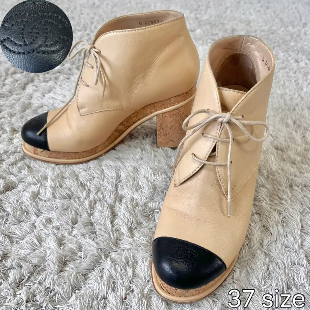 香奈兒 CHANEL 雙C標誌 短靴 米色 黑色 37 的縮圖