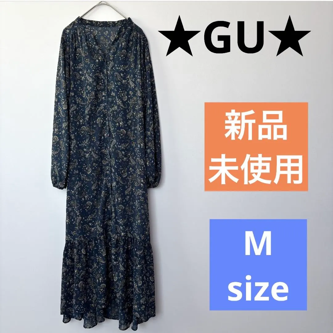 Thumbnail of New GU★GU Navy Floral Print Long Sleeve Sheer Dress M