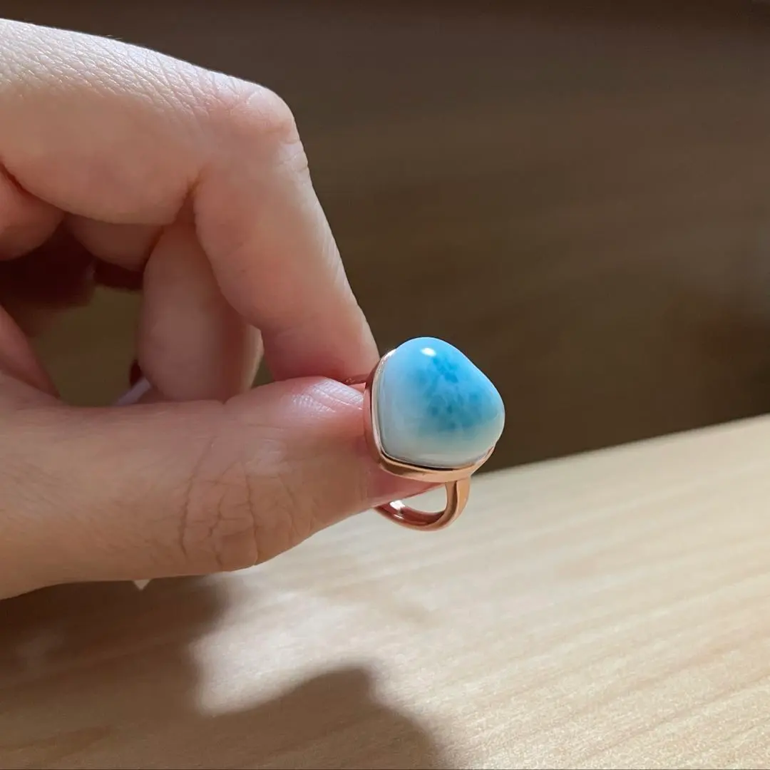 Thumbnail of Larimar ring, rare pink gold frame, cute plump heart