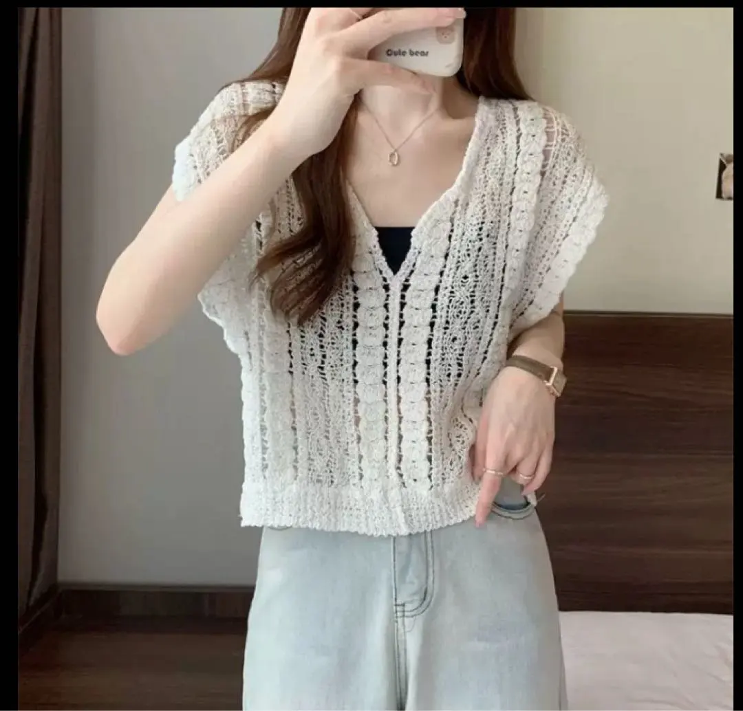 钩针编织 夏季针织衫 白色 镂空马甲 短款 韩国 束身衣 马甲 的縮圖