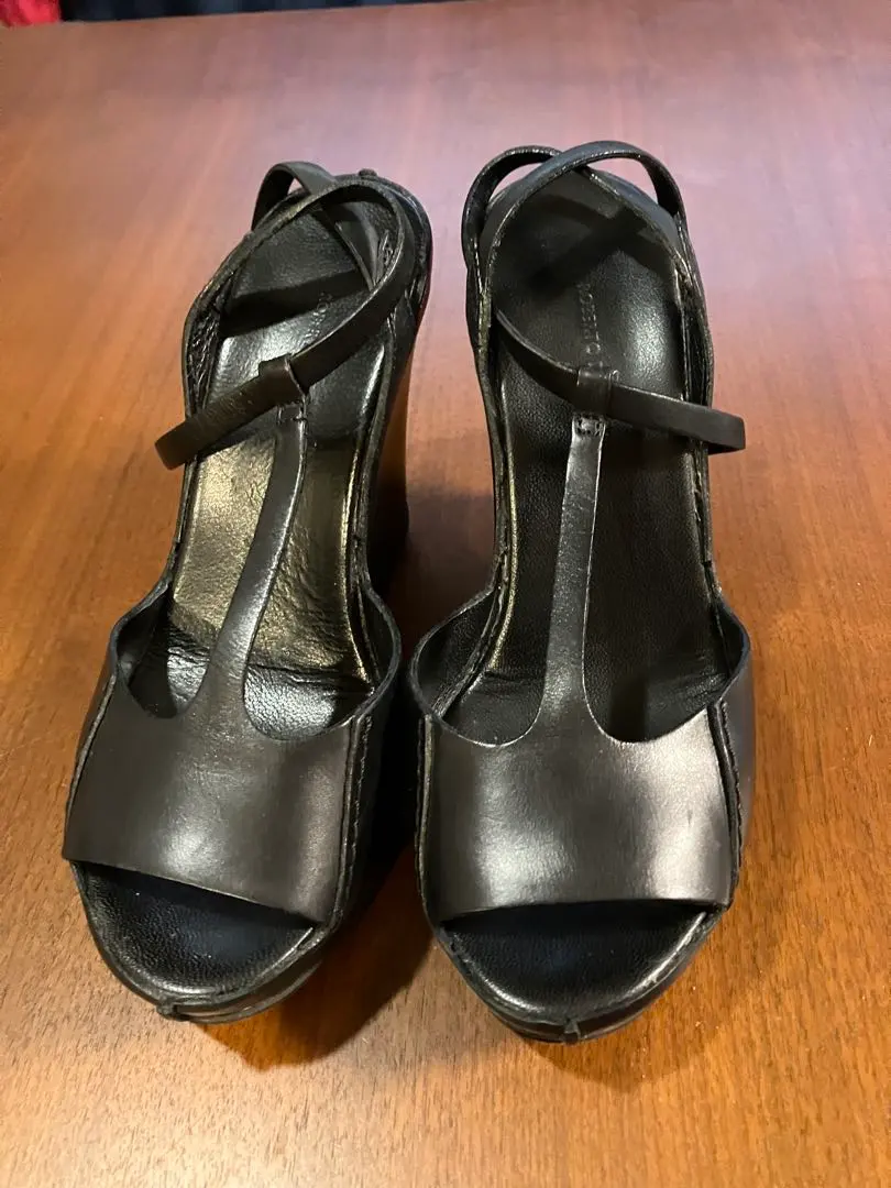 Thumbnail of Roberto Del Carlo Black Leather Open Toe Wedge Sandals