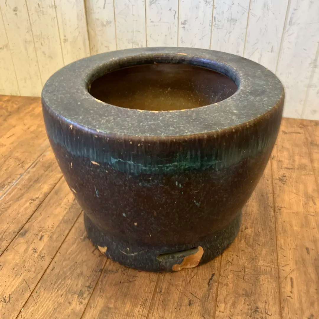 金重分銅印 備前焼 波状文火鉢 メダカ鉢 睡蓮鉢 金魚鉢 容器 水槽 工芸品 人間国宝金重陶陽 初期作 備前焼 火鉢 波状文 分銅印 メダカ鉢