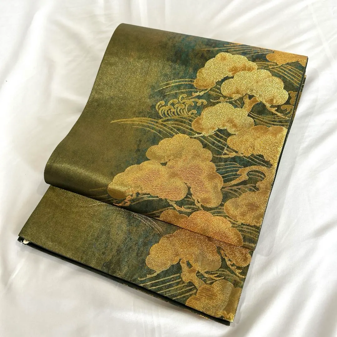 Thumbnail of Nishijin-ori High-Class Fukuro Obi (Belt) 【Silk】☆Formal Wear★Hikihaku (foil technique)★Pine Tree Pattern☆Dark Green Tones★Used