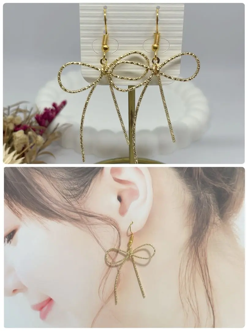 Thumbnail of Handmade Earrings ❤️ Adult Cute ❤️ Large Gold Ribbon Earrings ❤️ Trendy Ribbon