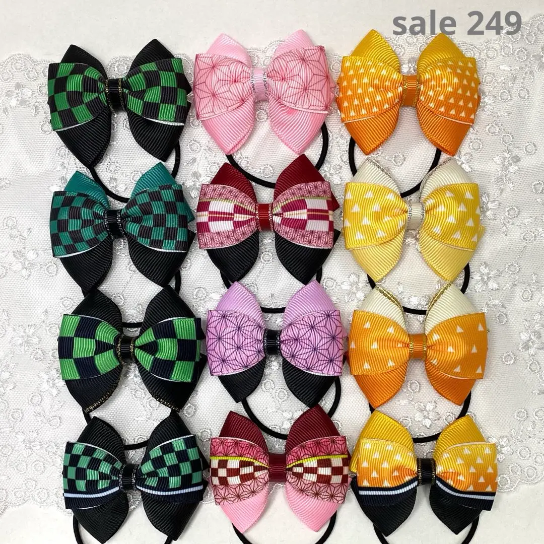 【組合出售249】手工製作 髮圈 三重蝴蝶結 和風花紋 12個一組 的縮圖