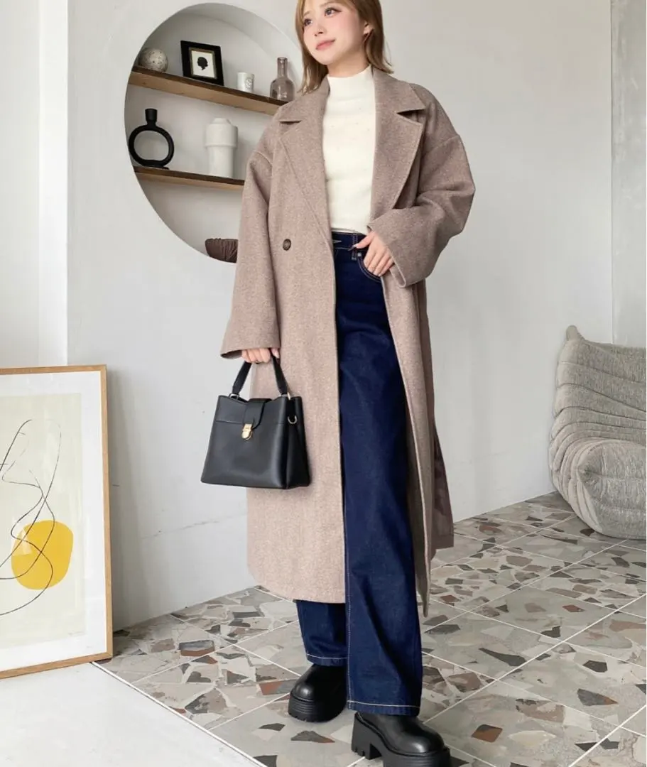 moment 全新 針織毛呢側開衩長款切斯特大衣 棕色 的縮圖