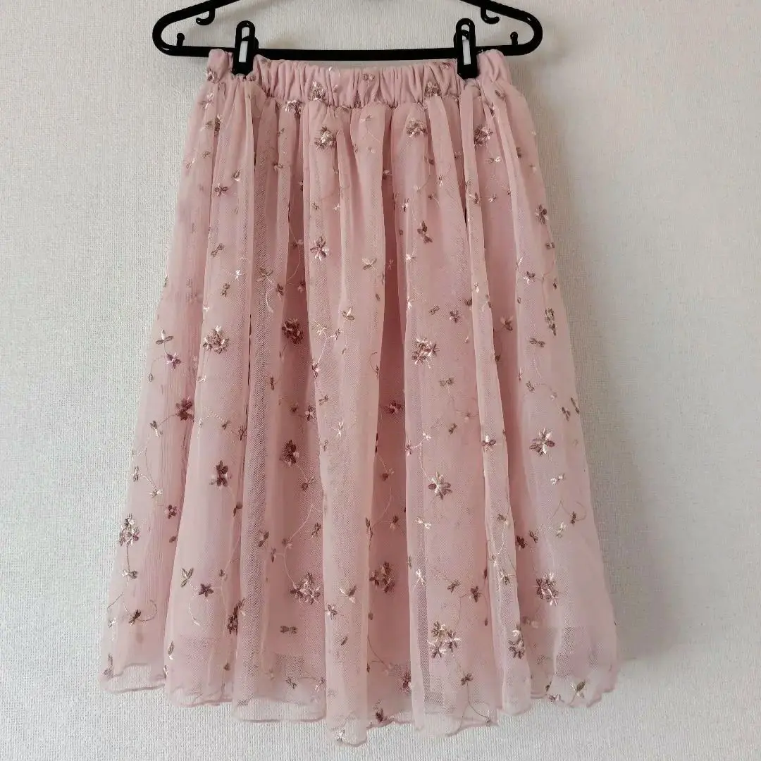 Thumbnail of Pink Lace Flower Embroidery Chiffon Skirt