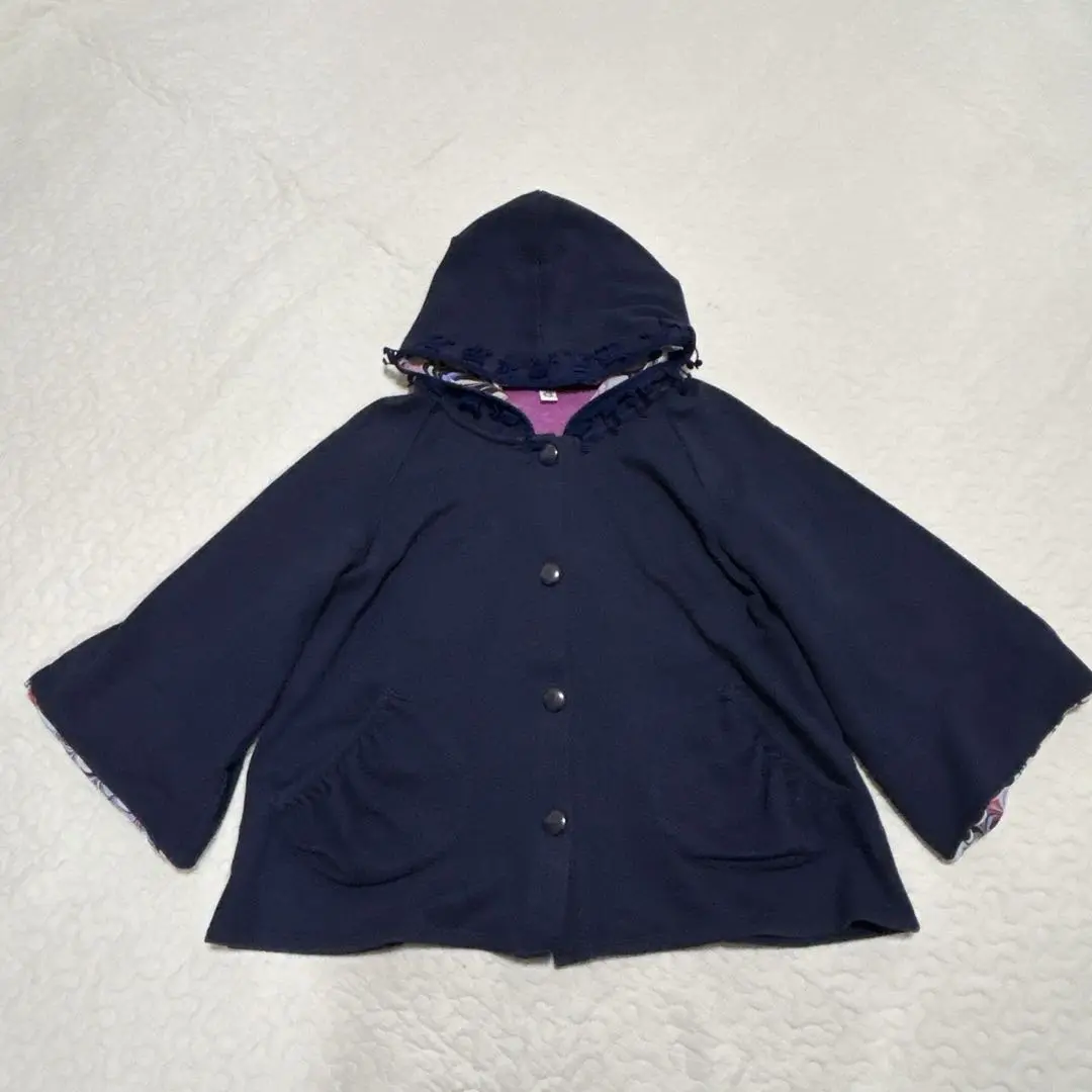 美品 ふりふ ポンチョ ケープ 羽織り 総柄 和柄裏地 ブラック 黒 ウール M 7b16abfb83a340b4abd45b29b2cf38