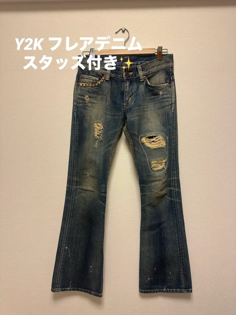 Thumbnail of Y2K Flare Denim with Studs - Heisei Era, Gyaru Vintage, Skull, Grunge