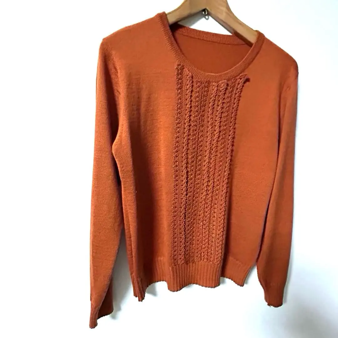 橙色 粗纜編織 長袖針織毛衣 V-I -A-N-T-E 昭和復古 的縮圖
