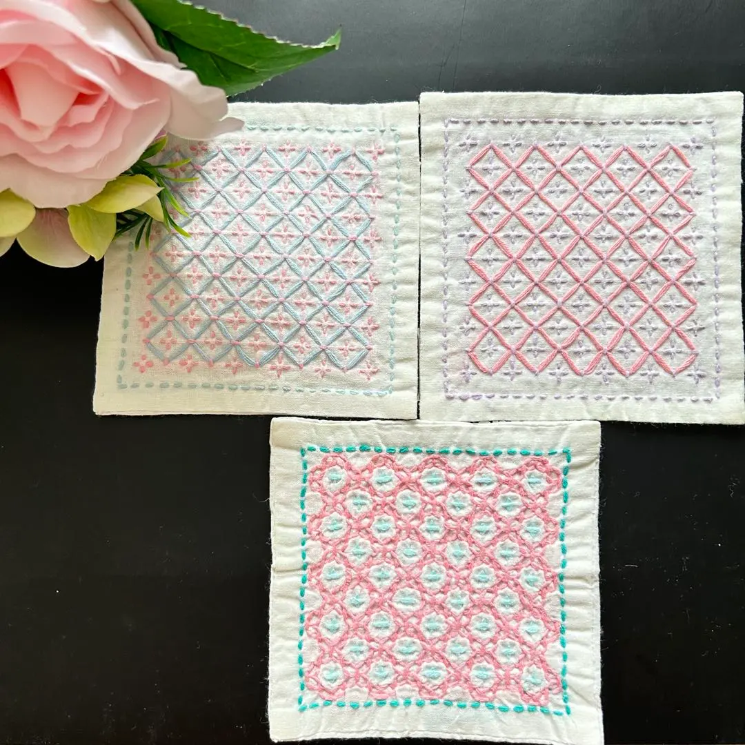 Thumbnail of Sashiko Handmade Coasters Set of 3 - Juji Hana Sashi, Kikko Hana Sashi - Cotton