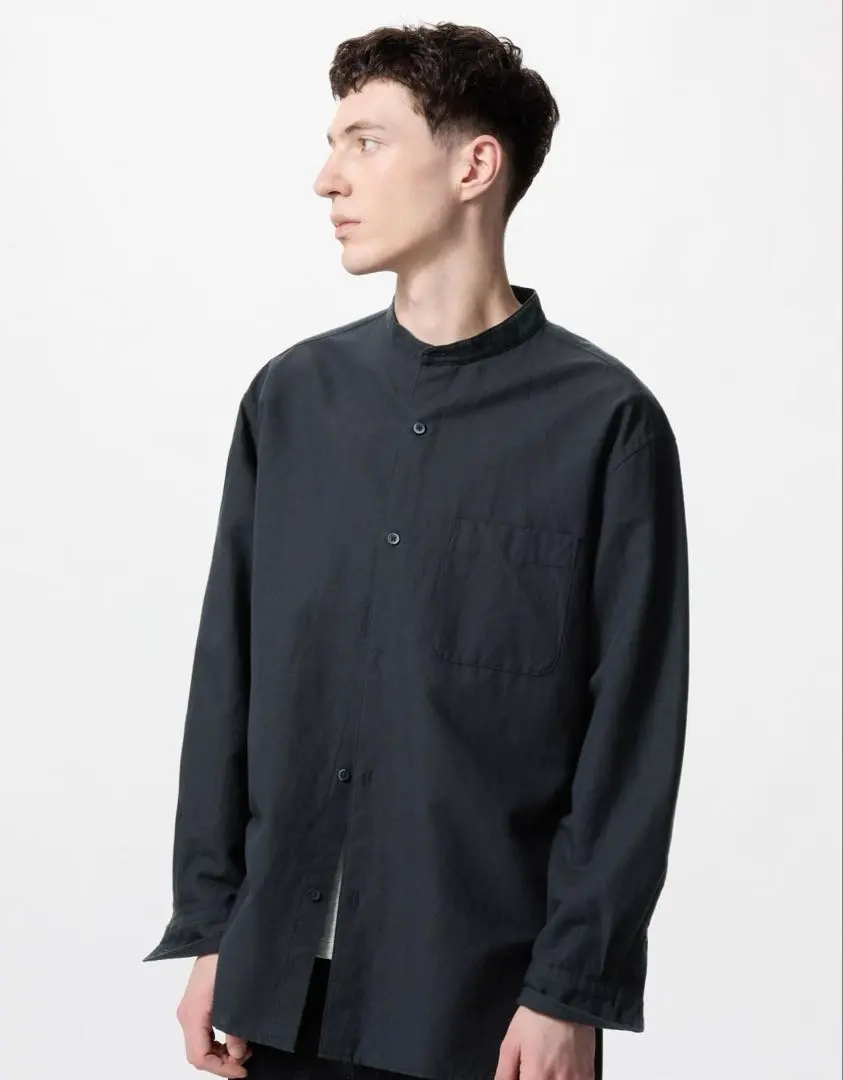 Thumbnail of Uniqlo Cotton Linen Stand Collar Shirt, Black, S