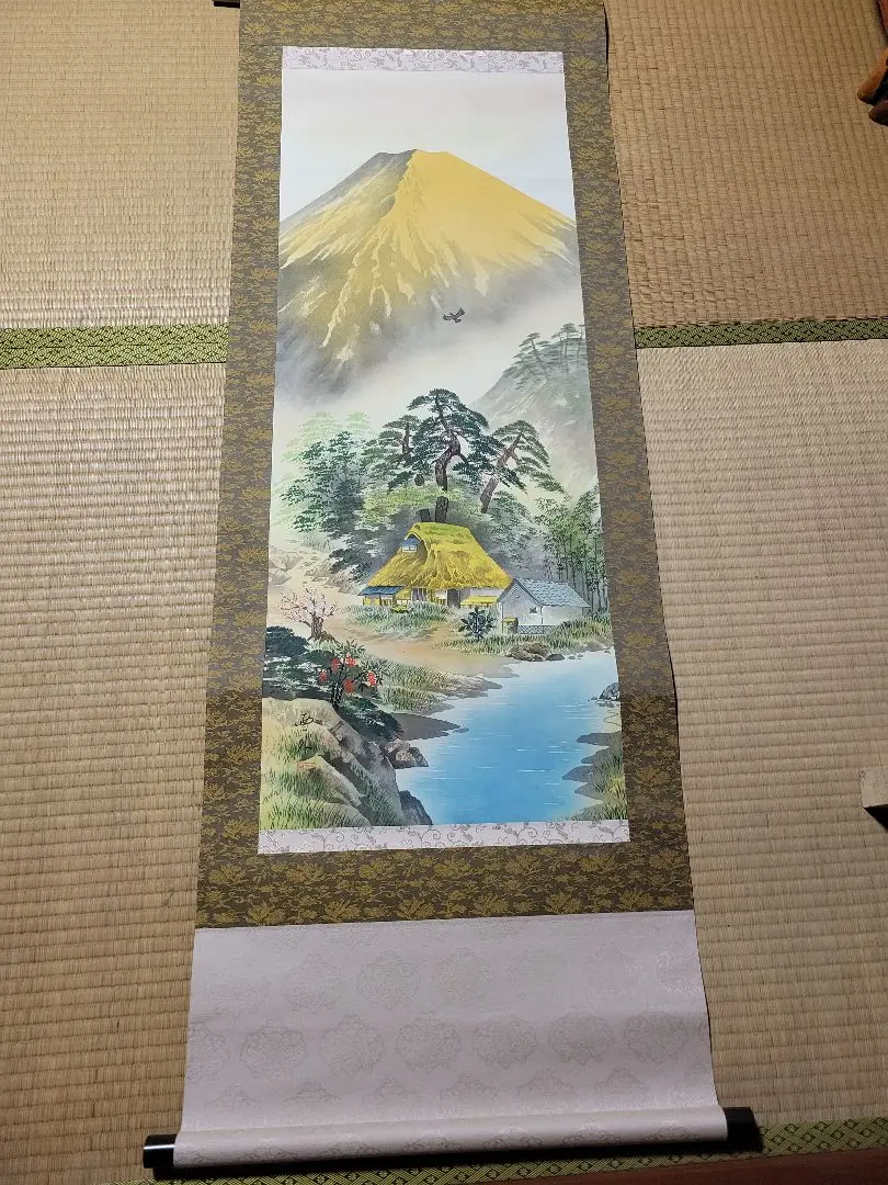 1413 石田雪外「風水發財富峰図」 共箱 肉筆 絹本 日本画 掛軸 石田雪外『風水発財富峰図 風景画』日本画 絹本 箱付