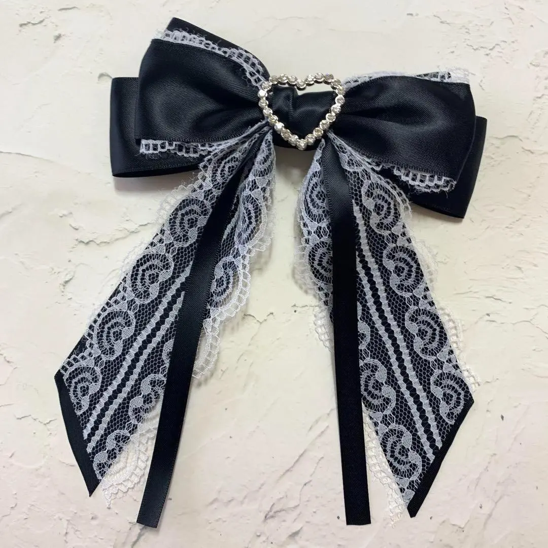 Thumbnail of Heart Lace Ribbon Brooch - Black - Subculture, Mass Production, Pure, Dreamy Kawaii, Lolita