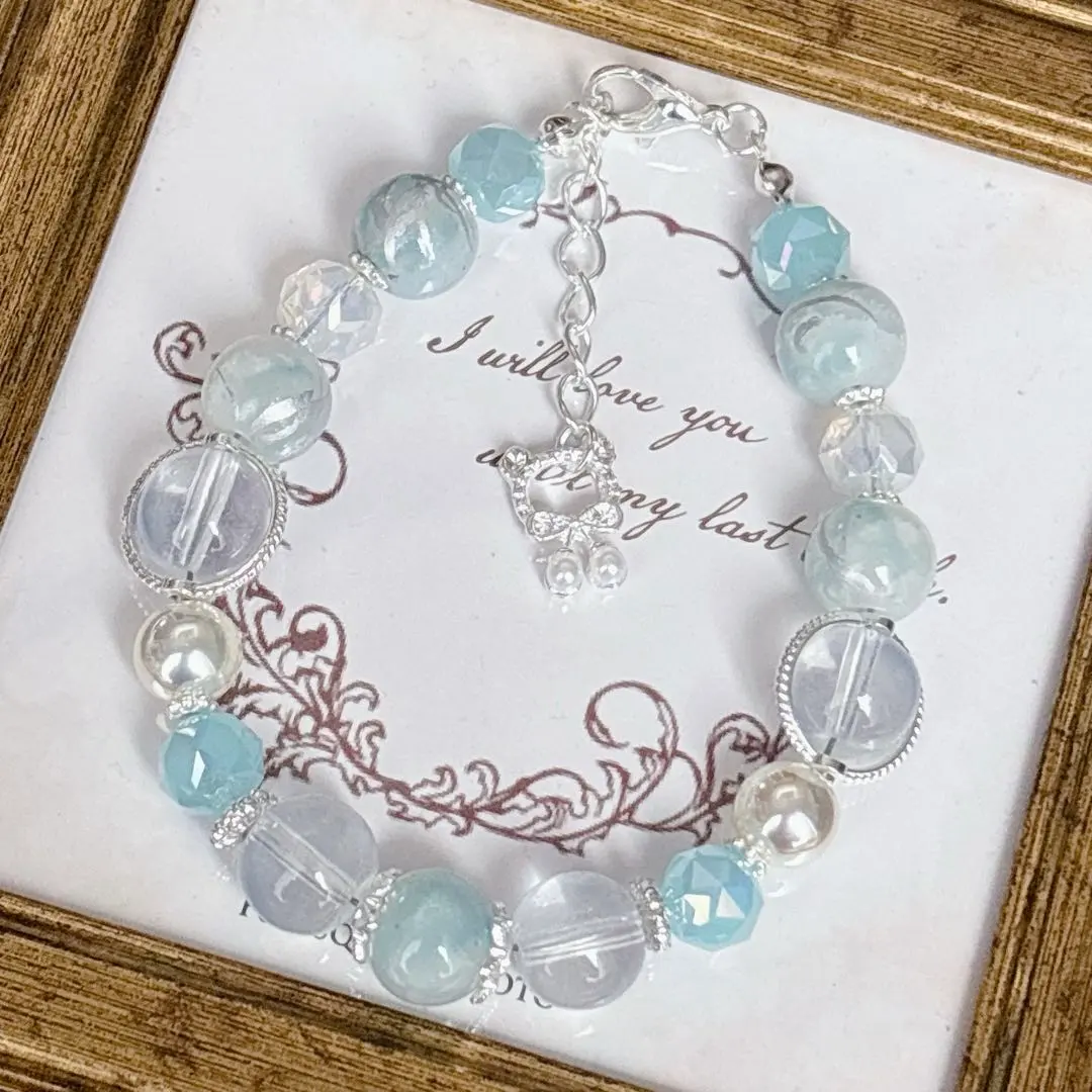 Thumbnail of 【B-278】Gentle Blue Glass Bead Bracelet with Bear Charm