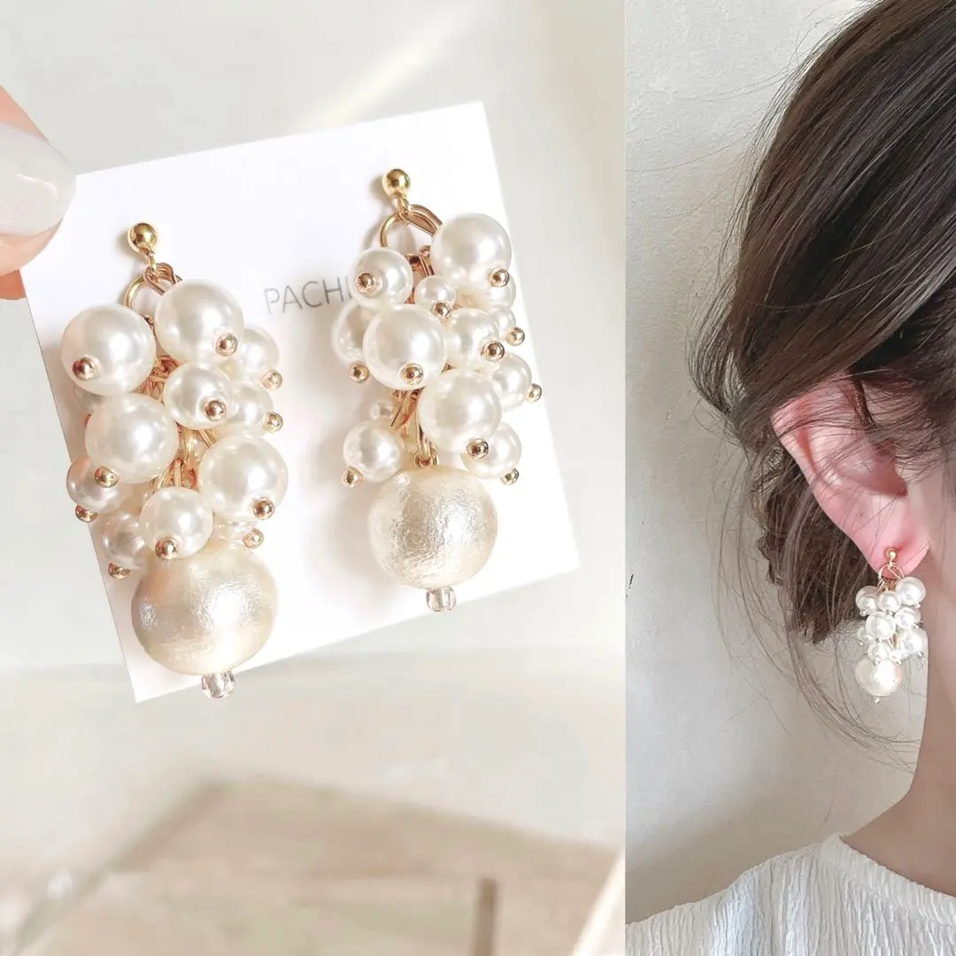 閃耀珍珠×大顆珍珠♡新娘 耳環 耳夾 結婚式 長款 的縮圖
