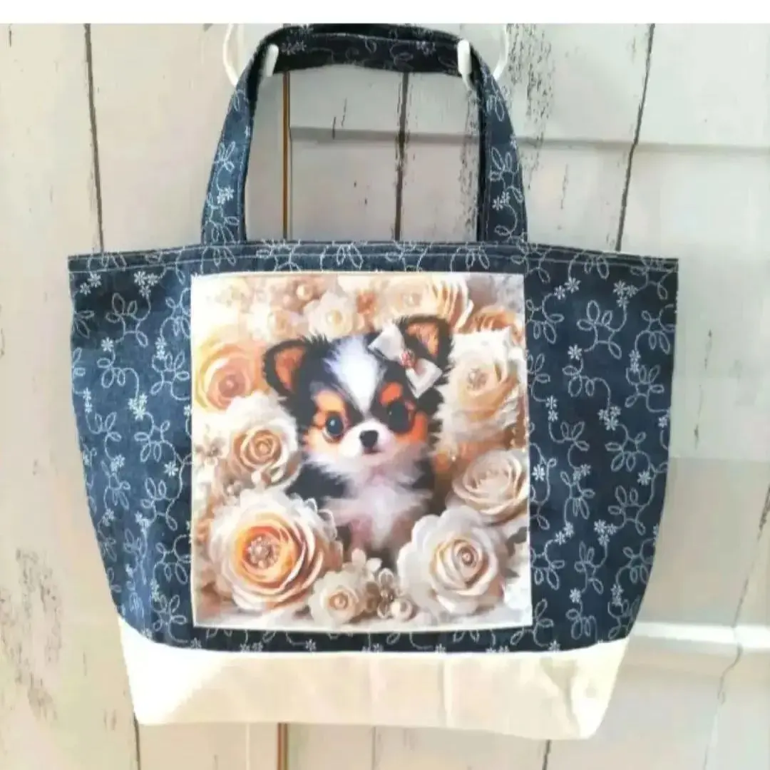Thumbnail of 3391】Handmade★Tote Bag with Gusset★Floral Denim★Chihuahua Panel