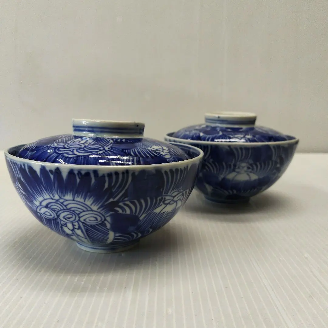 時代 古伊万里 貝藍 染付 線描 蓋茶碗 2客 的縮圖