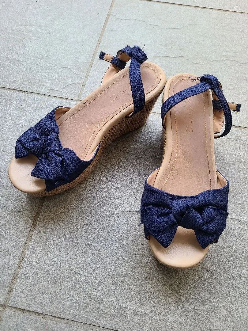 Thumbnail of Denim design fabric ribbon design platform sandals, size L
