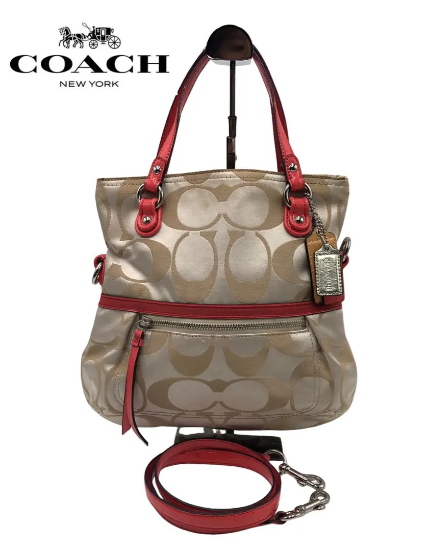 Thumbnail of COACH shoulder bag, beige and red, for women, with logo