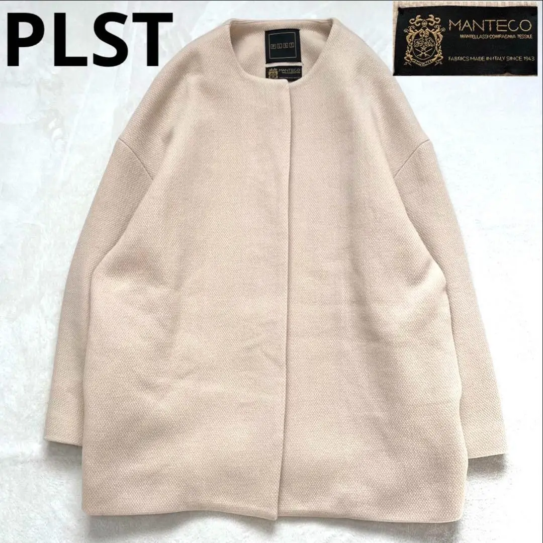 美品★プラステ　マンテコ　M ノーカラー　ハーフコート　コクーン　グレー　比翼　PLST MANTECO