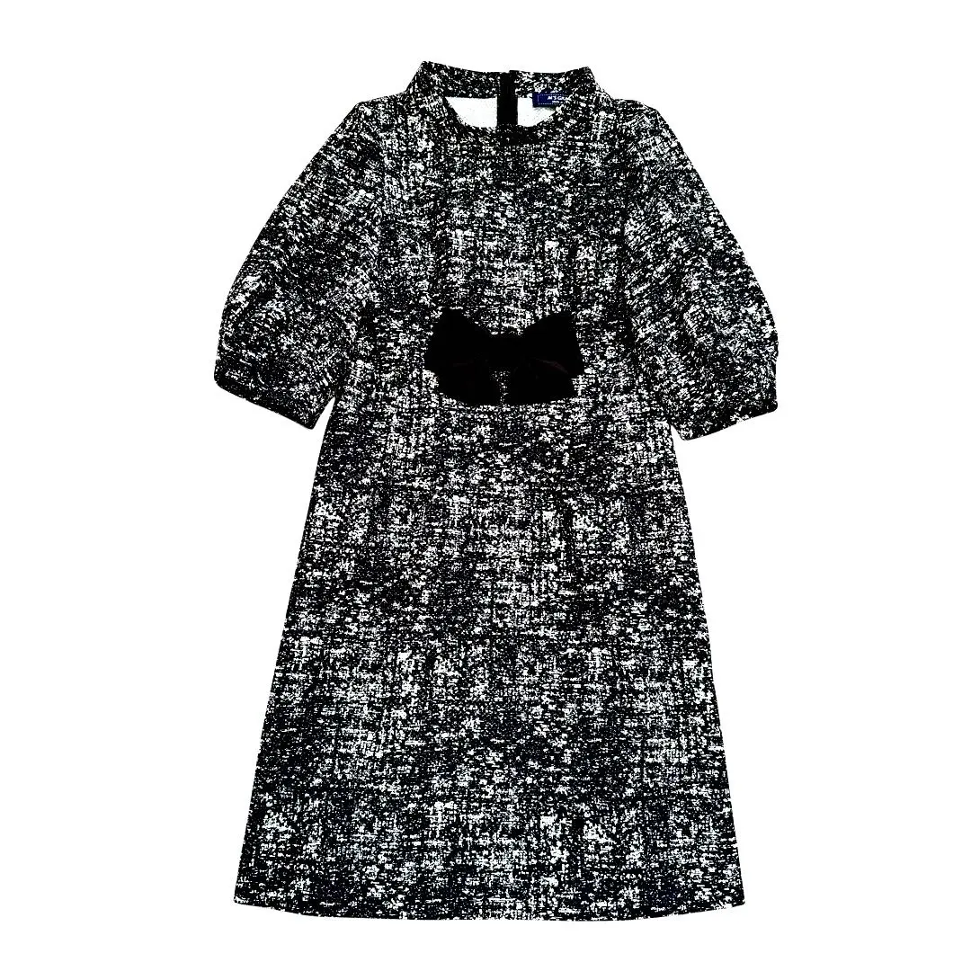 Thumbnail of M's GRACY Tweed Print Dress with Ribbon, Stretch, Black, Elegant