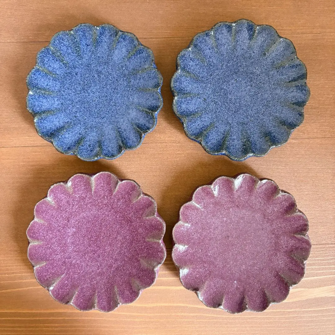 小澤基晴　輪花豆皿4枚セット　3寸/約9cm 小澤基晴 輪花4寸皿 淡黄