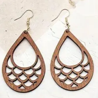 Thumbnail of Water drop shaped wooden earrings, retro, bohemian, vintage, cutout, openwork