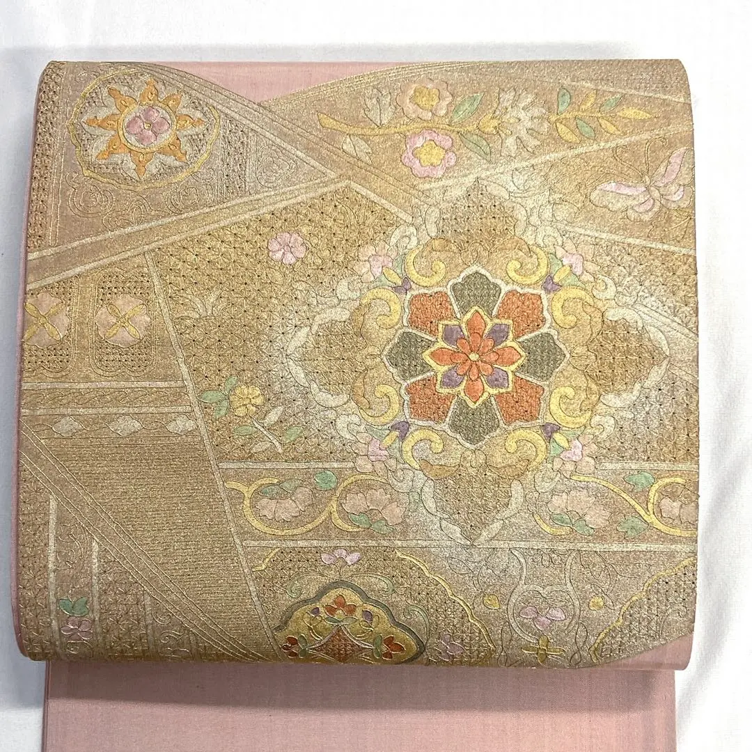 Thumbnail of Fukuro Obi (Japanese formal obi) with Swatow embroidery, floral crests, patterned sections, arabesque flowers, gold thread, kimono obi, 029k