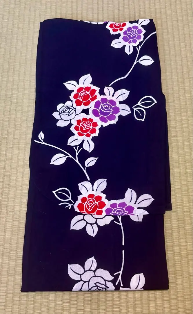 Thumbnail of Kids' Yukata, approximately 140cm, dark navy blue, rose floral pattern, handmade