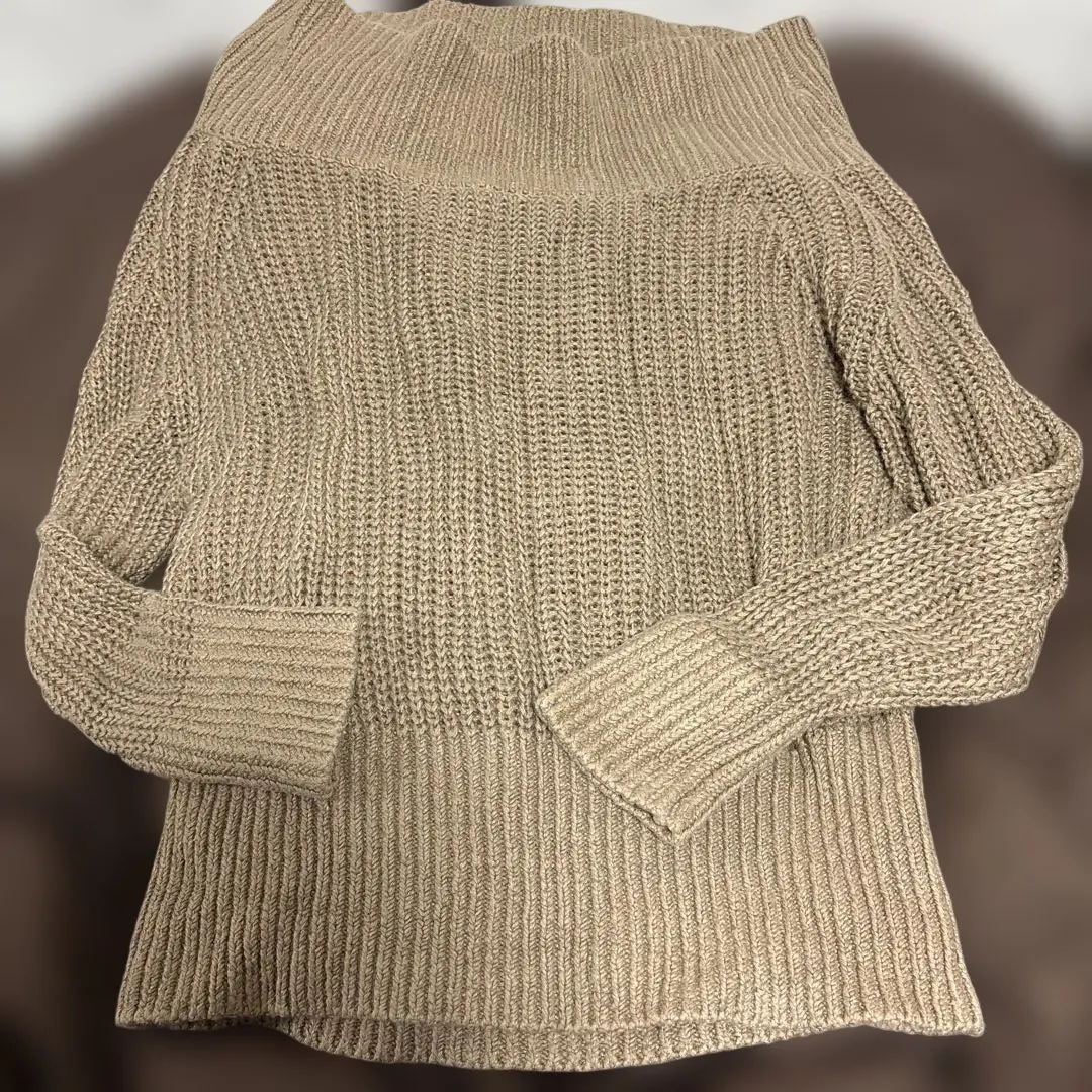 Thumbnail of Beige Ribbed Off-the-Shoulder Sweater