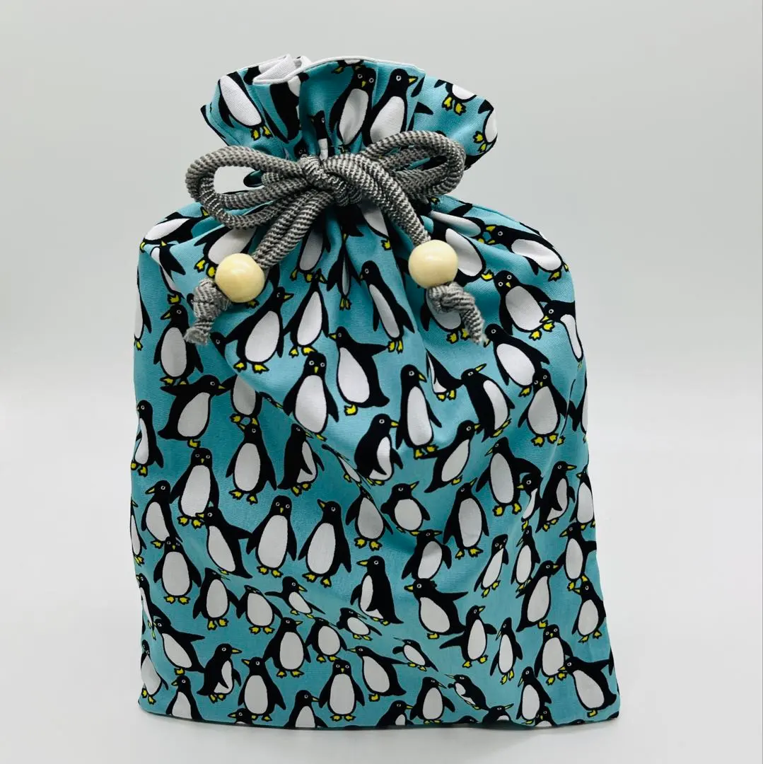 Thumbnail of Light Blue Penguin Pattern Goshuin-cho Bag Large Size Drawstring Bag Handmade