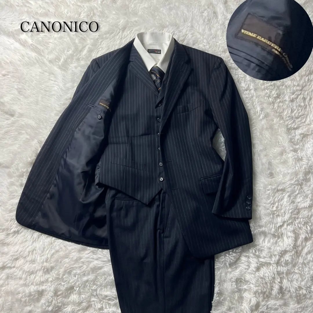 高級面料 卡諾尼科 男士 三件套 西裝 套裝 海軍藍 L相當 的縮圖