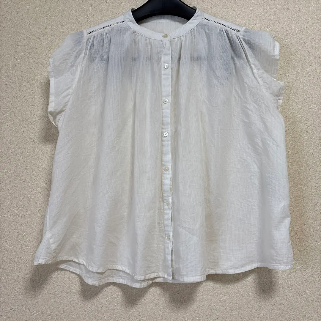 立領棉質女襯衫 白色 梯形蕾絲 的縮圖