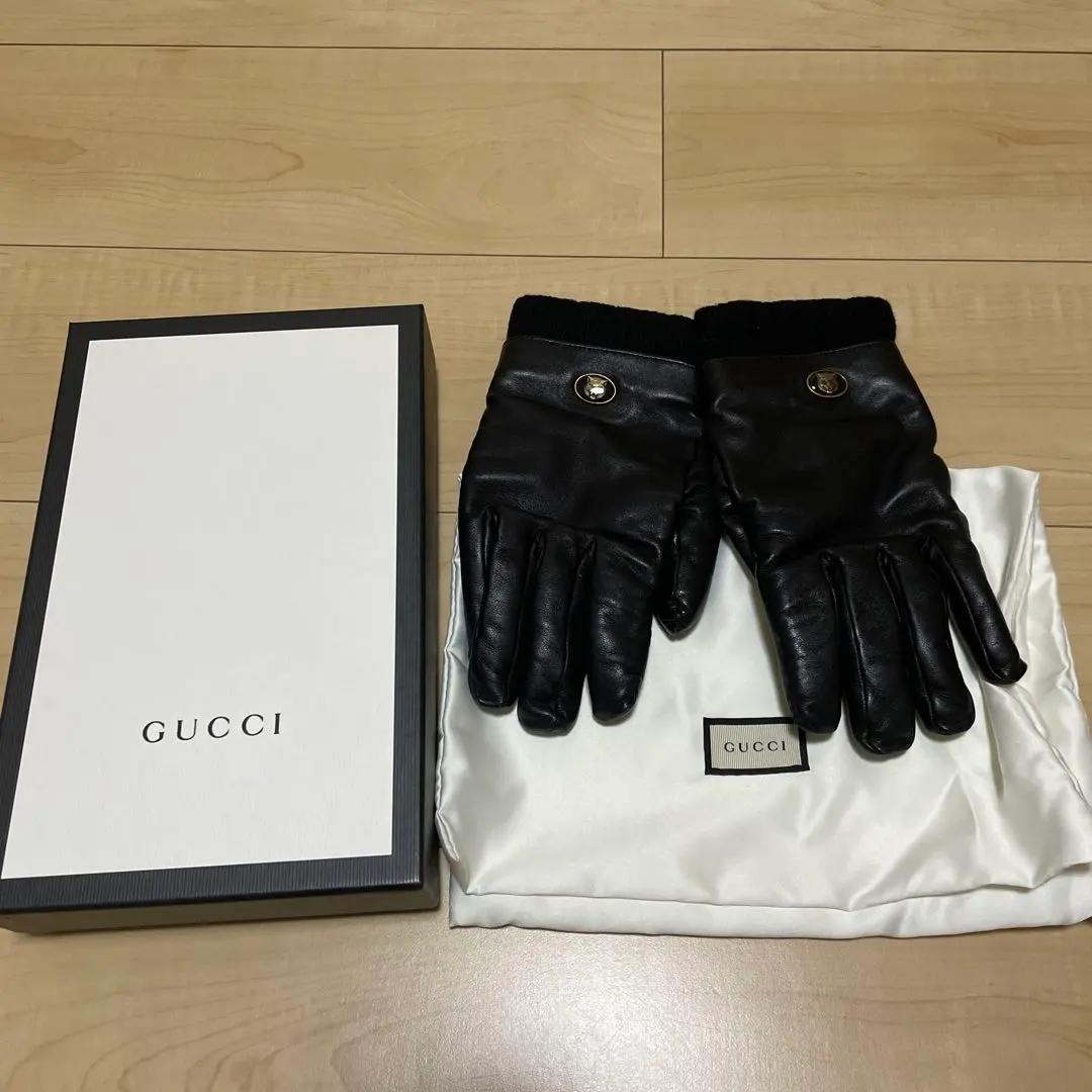 美品 有盒 Gucci 手套 羊絨 皮革 黑色 手套 的縮圖
