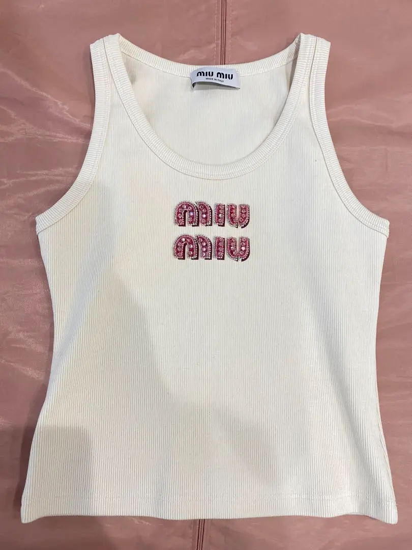 訳あり・アウトレット特集 miu miu タンクトップギャザーストレッチ伸縮クロップド丈L トップス
