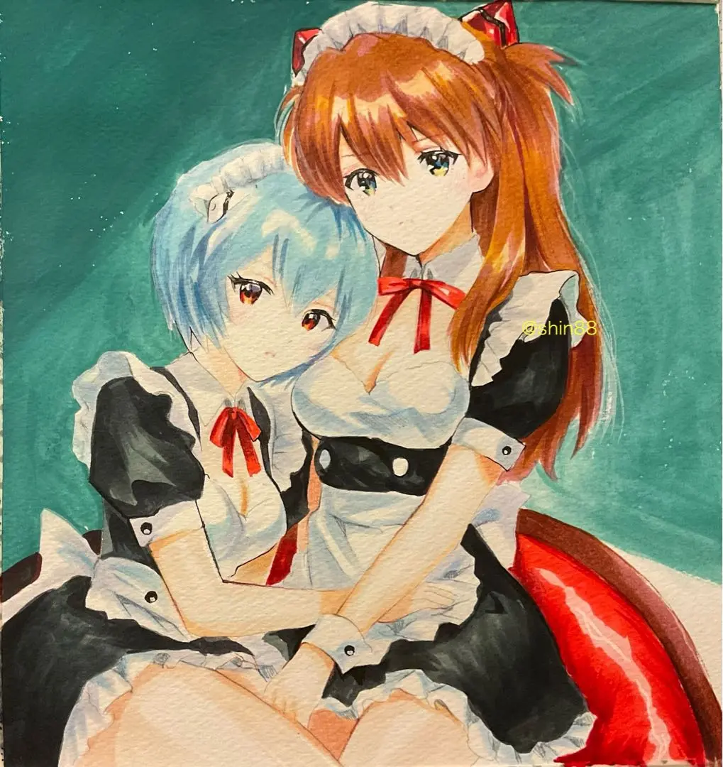 手描きアナログイラスト　新世紀エヴァンゲリオン　綾波レイとアスカ 手描きアナログイラスト 新世紀エヴァンゲリオン 綾波レイと