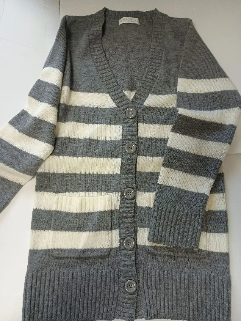 Thumbnail of L MT Slim Long Gray and white striped cardigan Vintage