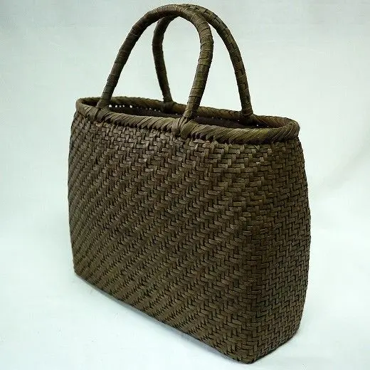 Thumbnail of Highest Grade Japanese Mountain Grape First Skin Oval Diagonal Weave Basket Bag with Japanese Persimmon Dyeing Inner Cloth, Medium