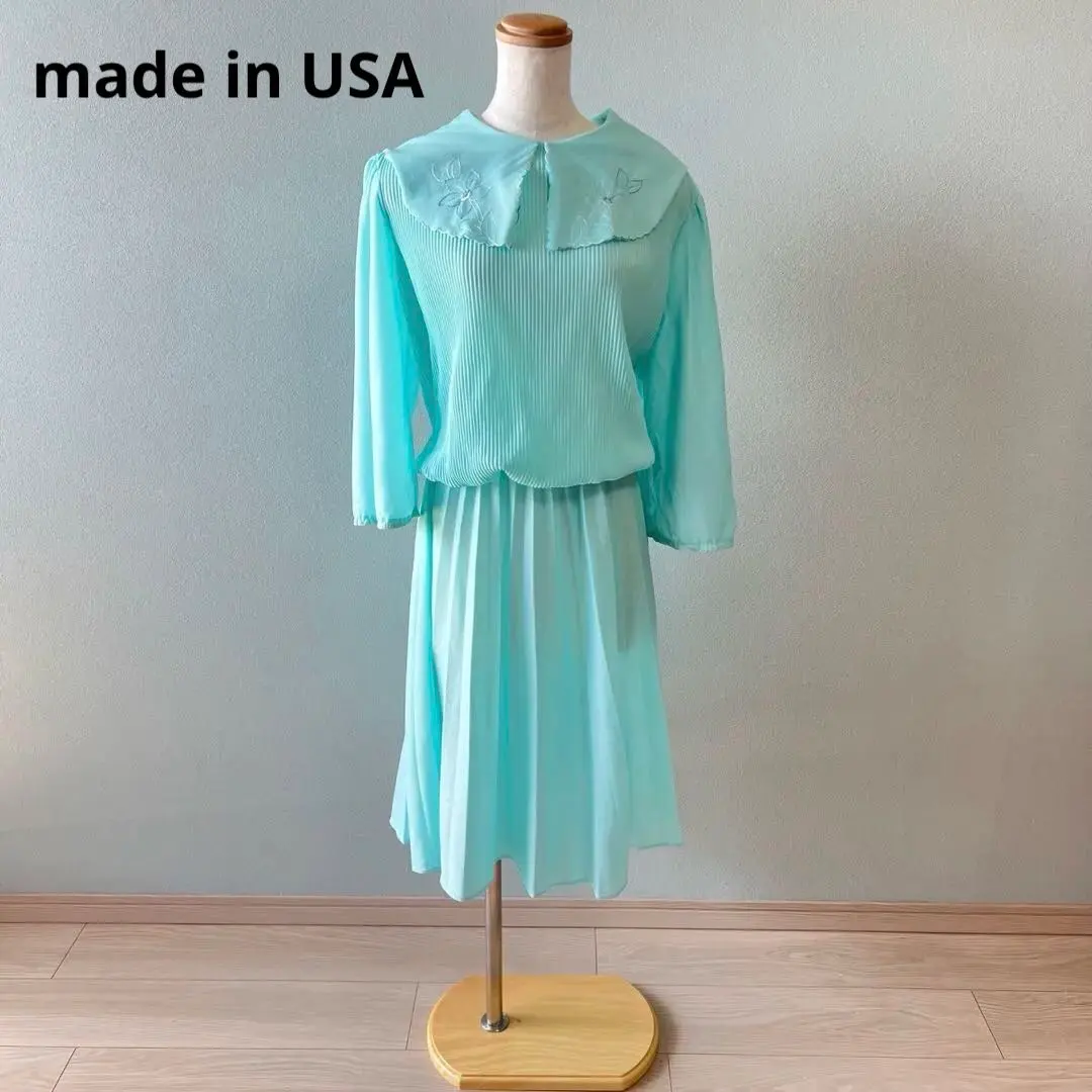 Thumbnail of Vintage 80s USA Made Floral Embroidered Design Collar Pleated Dress N13