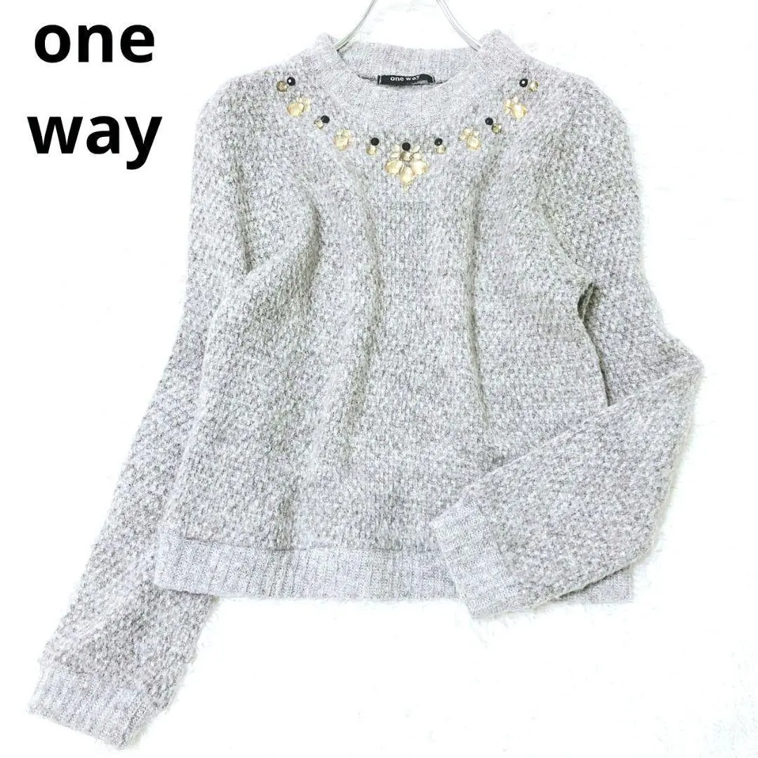 Thumbnail of One Way Long Sleeve Knit Sweater with Jewels Gray Elegant High-Quality Casual
