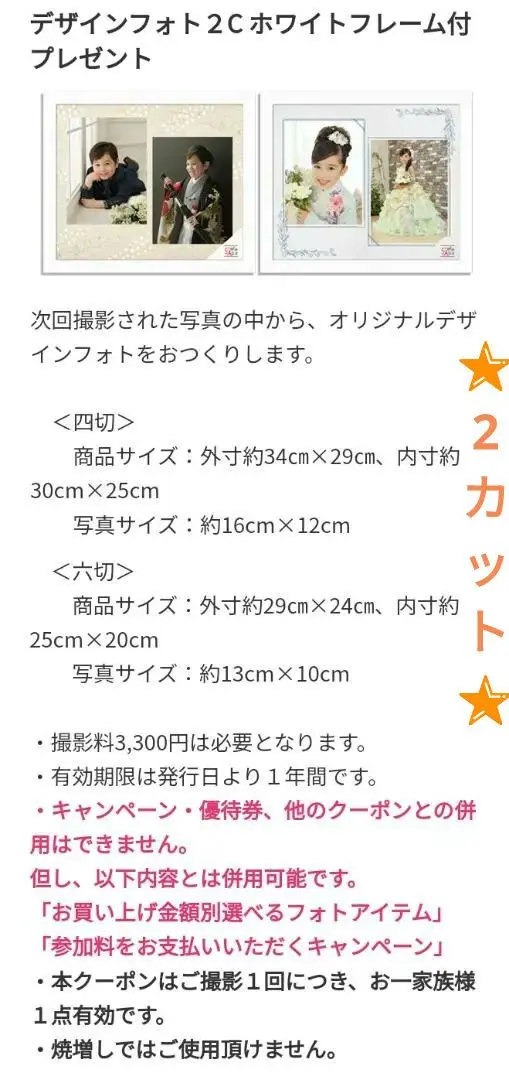 ★スタジオアリス　優待券 撮影料無料　デザインフォト　2カット スタジオアリス攻略法2022】お得な優待券②カタログギフト優待券